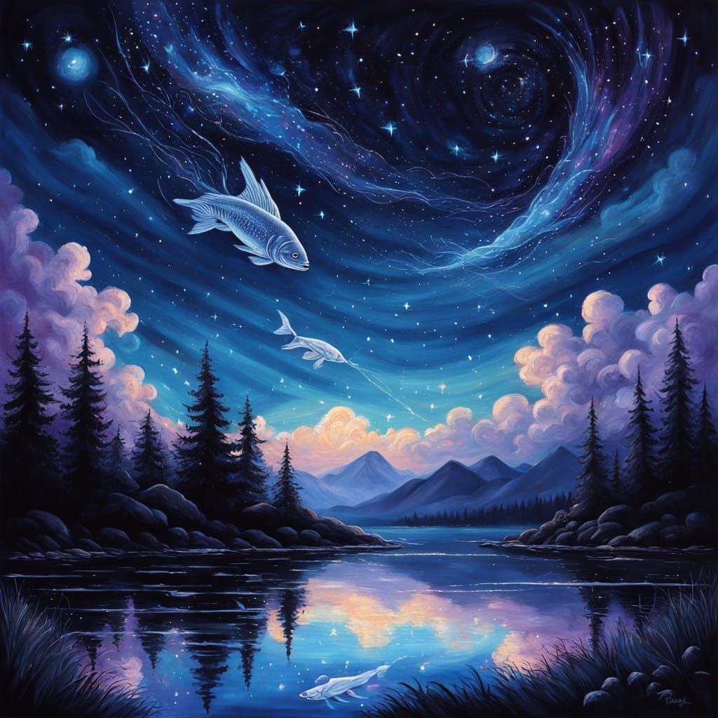 Ethereal Fantasy Scene of the Pisces Constellation in a Midn...