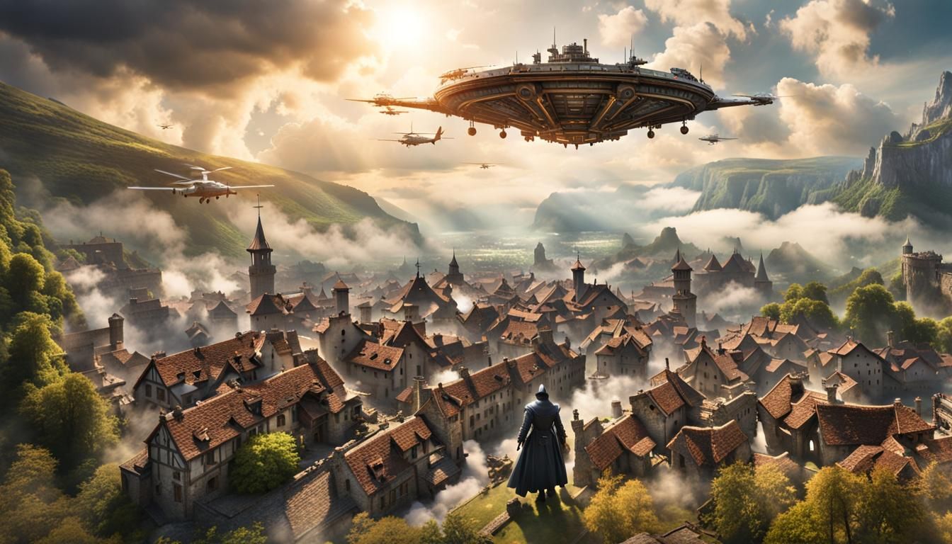 Steampunk Battleship Lands Above Medieval Town