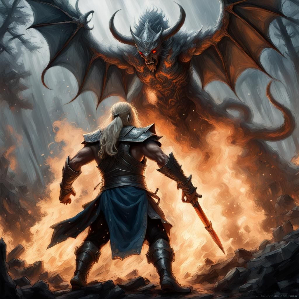 Warrior's Battle: A Dramatic Charcoal Fantasy Scene