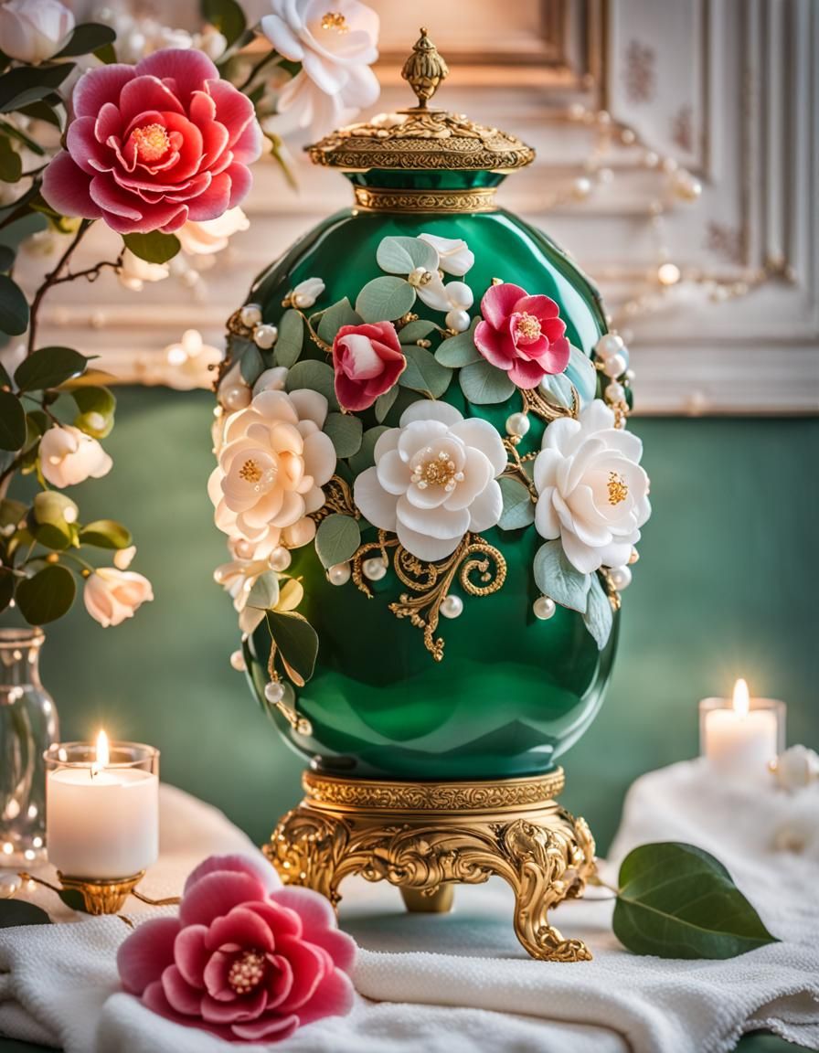 Ornate Rococo Porcelain Lamp with Camellias, Hyperrealistic ...