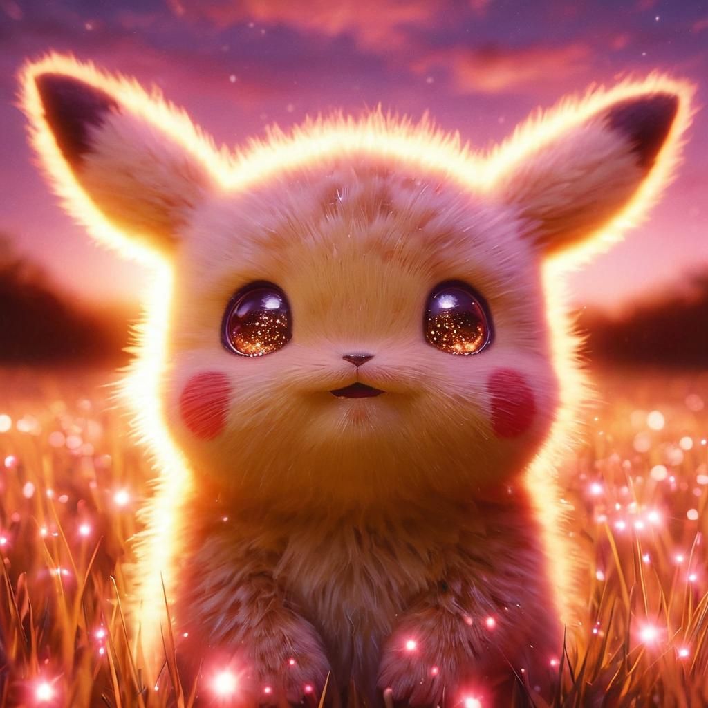 Hyper-Realistic Adorable Baby Pikachu in a Sunset Field