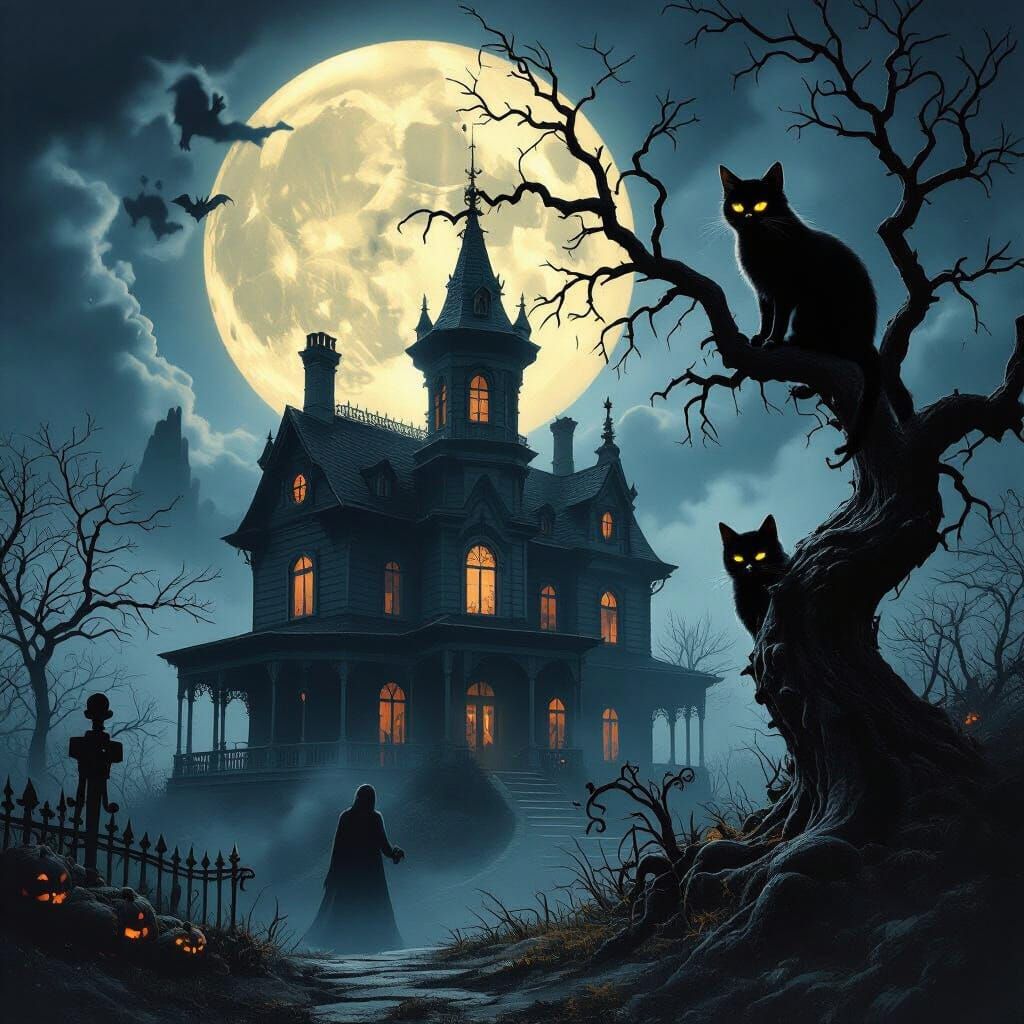 Haunted Mansion with Black Cat in Gothic Style