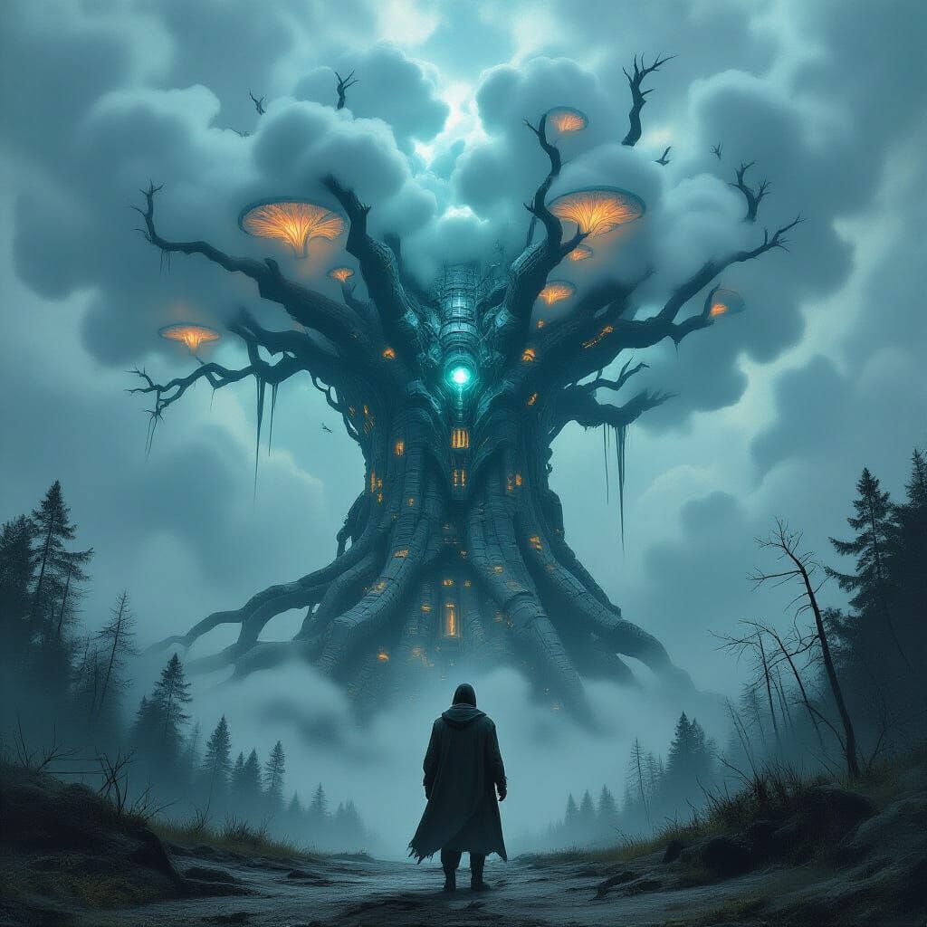 Wanderer and Biomechanical Tree in Alien Forest
