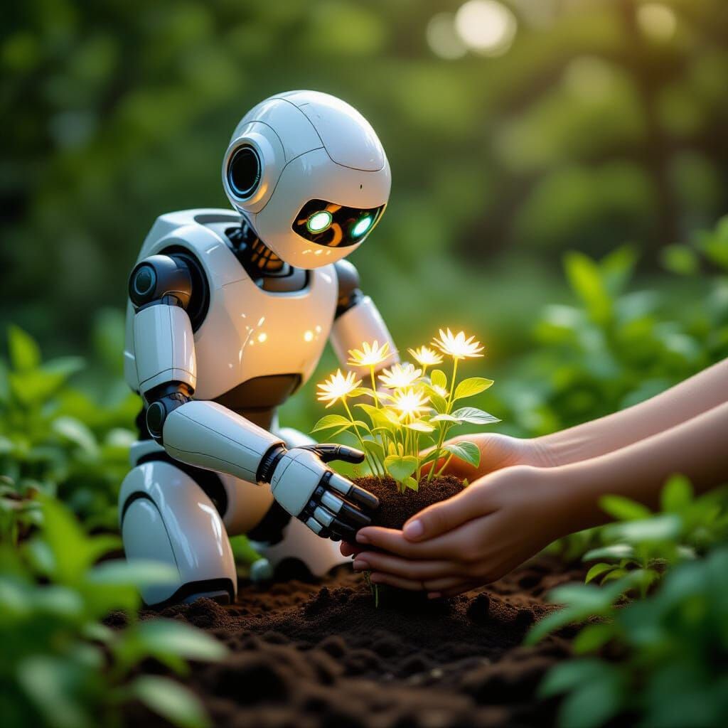Robot Gardener Offers Luminous Flowers to Human