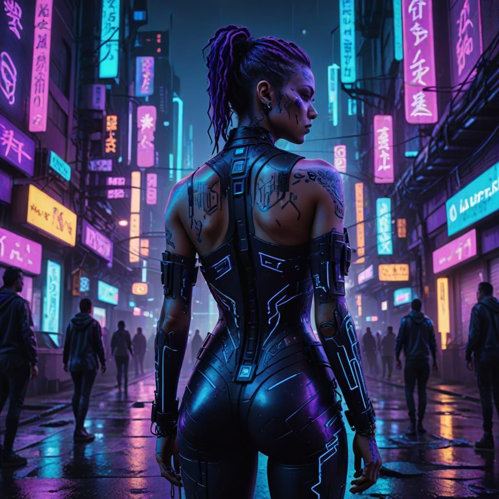 Cyberpunk Goddess in Neon City with Glowing Tattoos