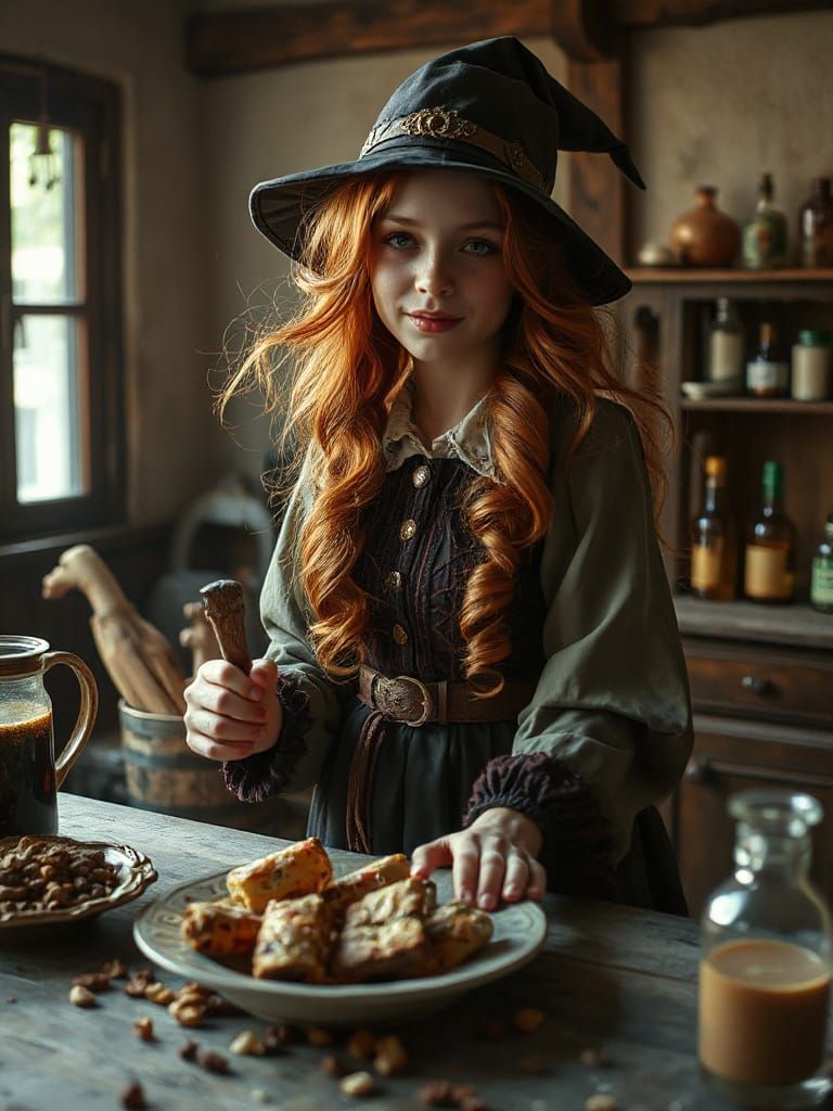 Young Witch Prepares Magical Food in Old Russian Setting