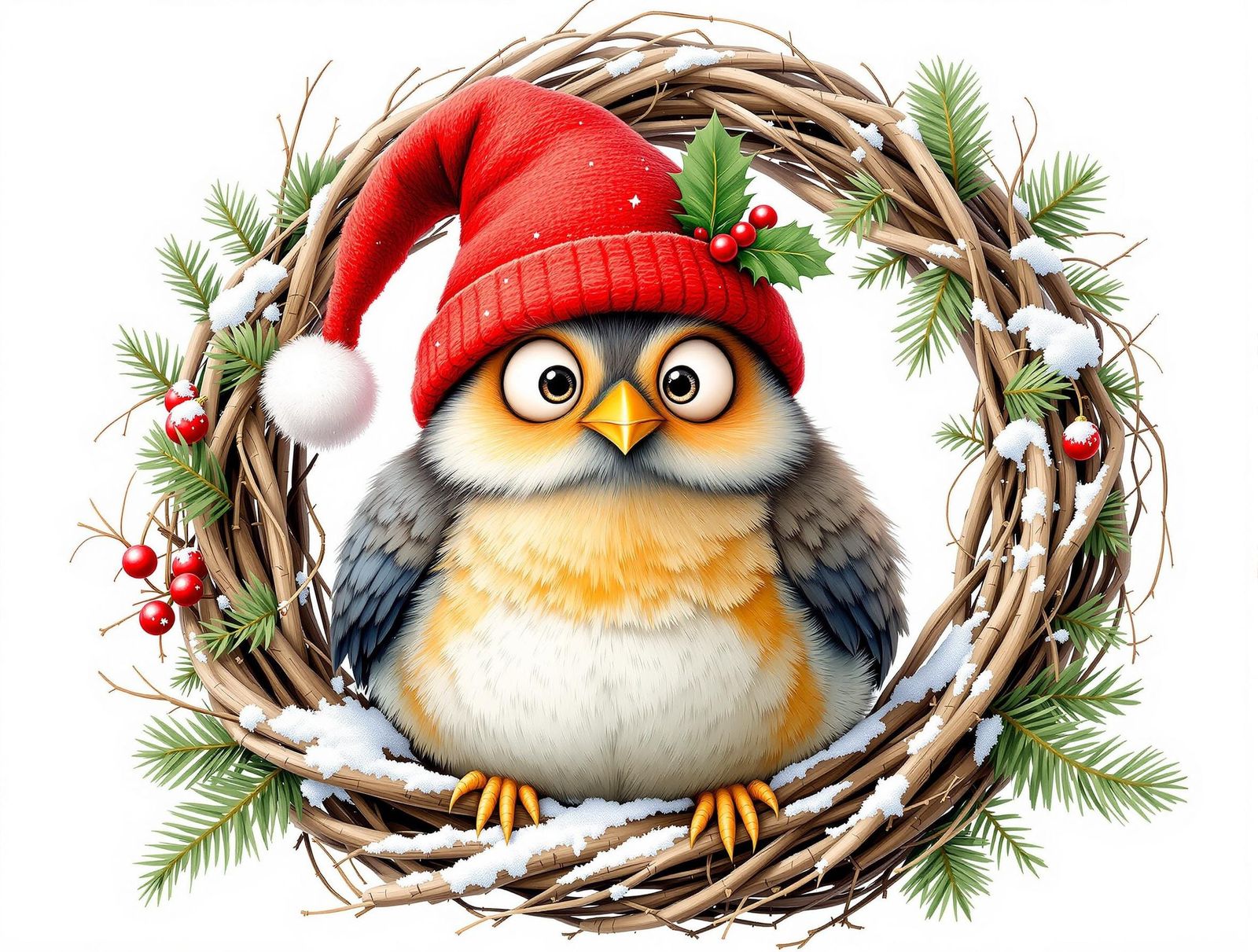 Goofy Bird in Christmas Hat on Wreath