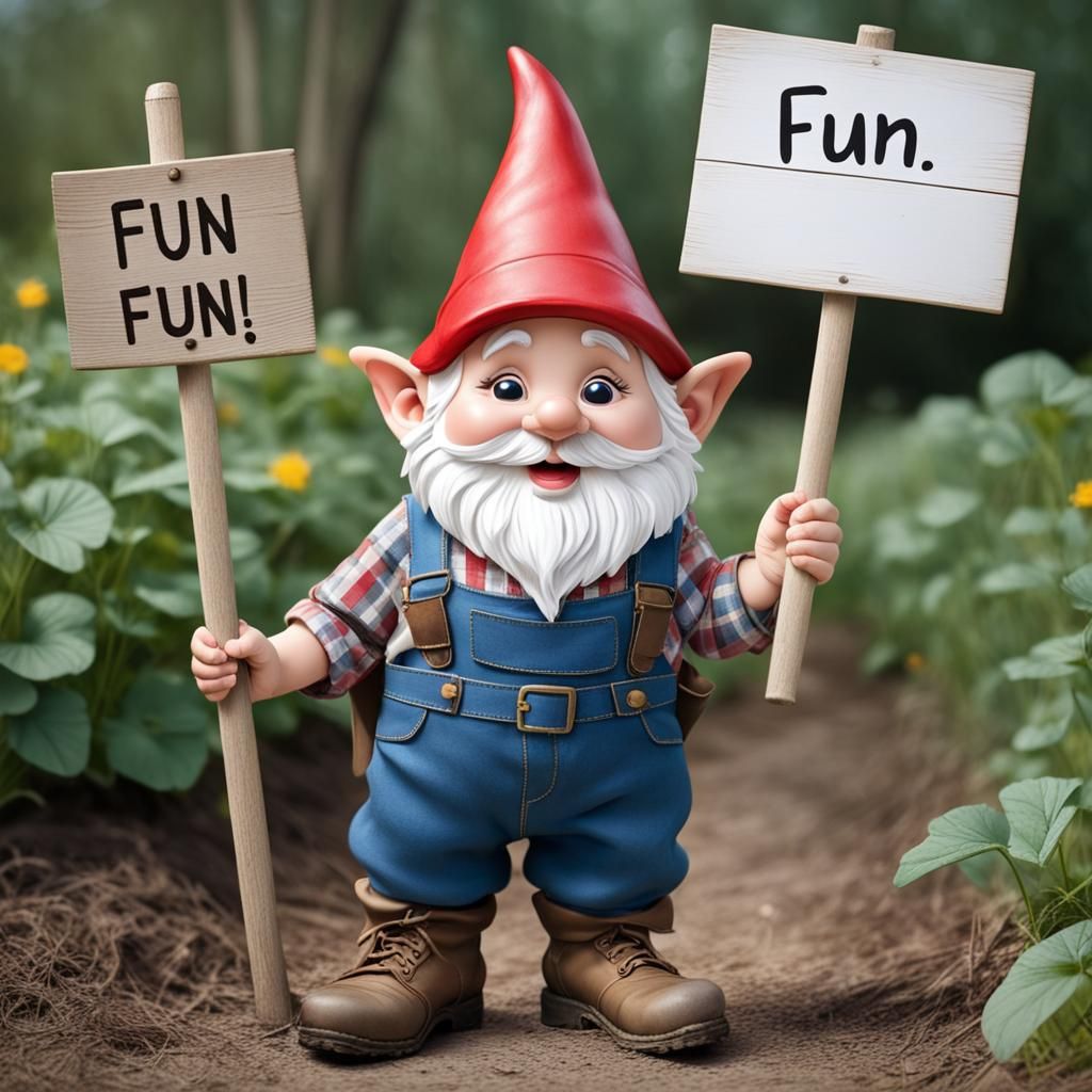 Cute Gnome Farmer Holding a 'Fun' Sign