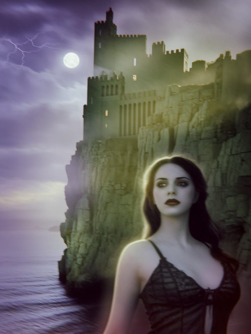 Ethereal Woman at Ghostly Castle in Gothic Horror Style