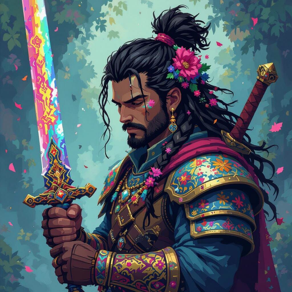 Pixel Warrior with Flowery Hair and Sword