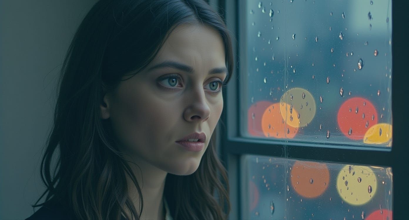 Impressionist Woman Gazing Through Rain-Streaked Window