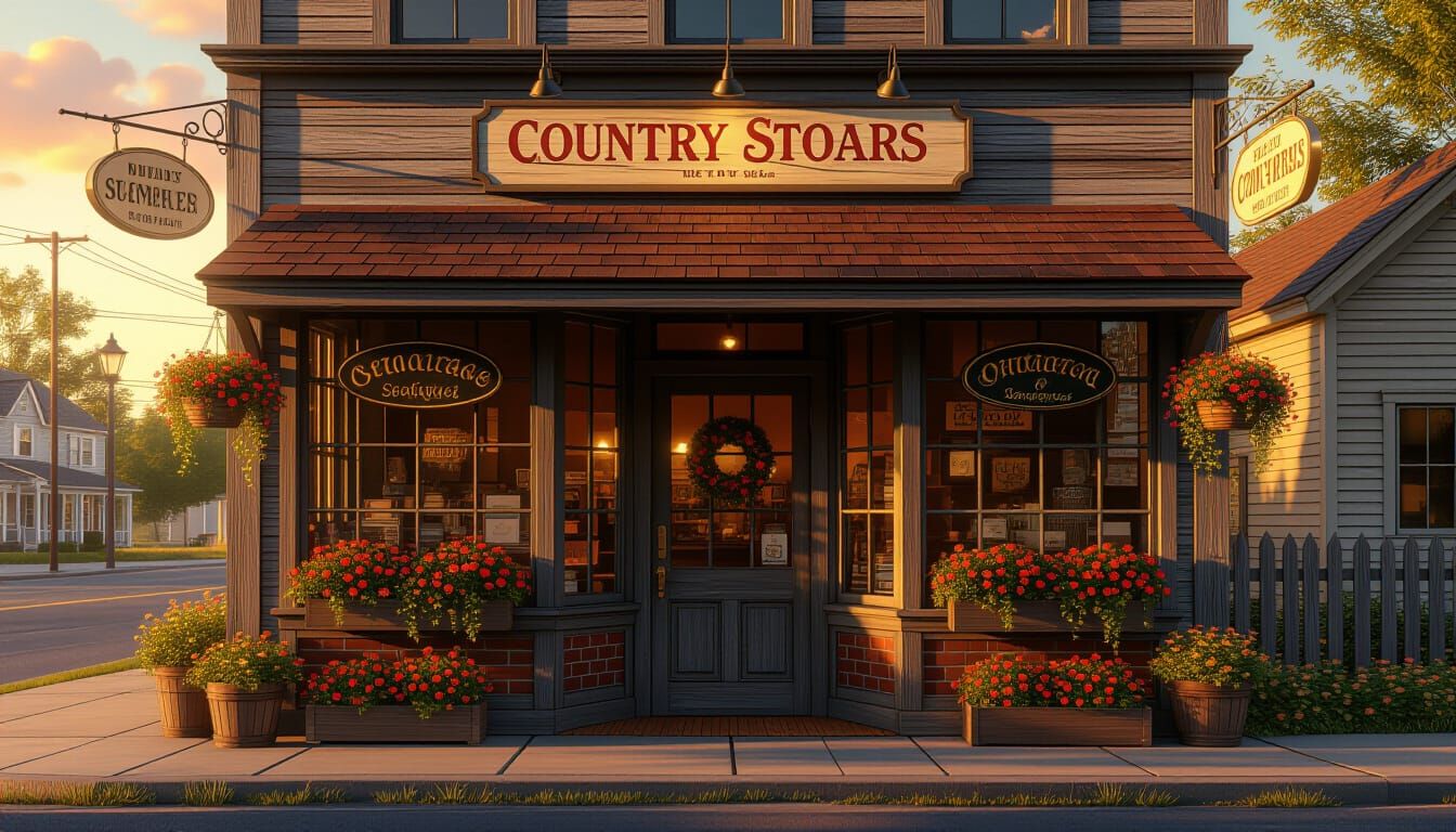 Sunset at Quaint Country Storefront in Hyperrealistic Style