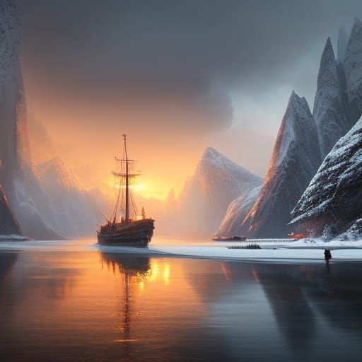 Lofoten Winter Landscape with Fishing Boat, Digital Art