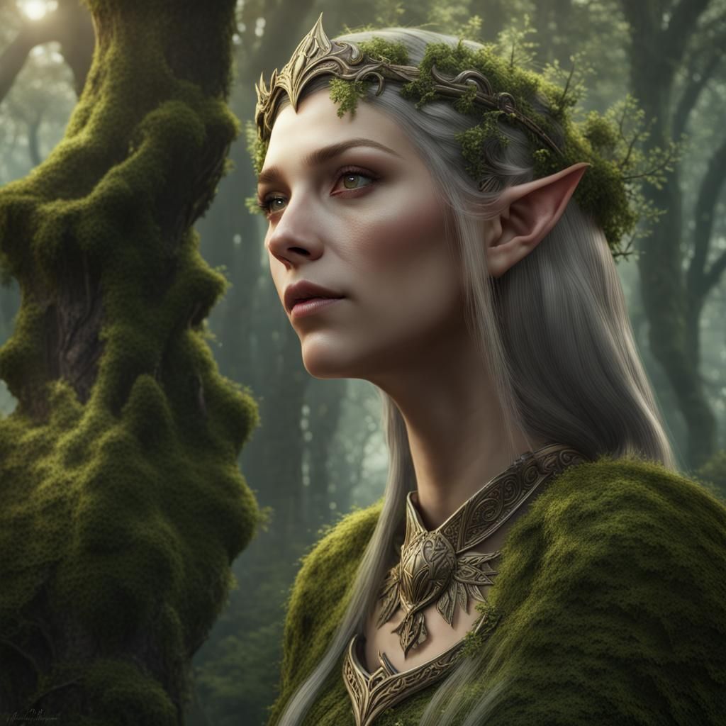 Regal Elf in Forest: Detailed Matte Painting
