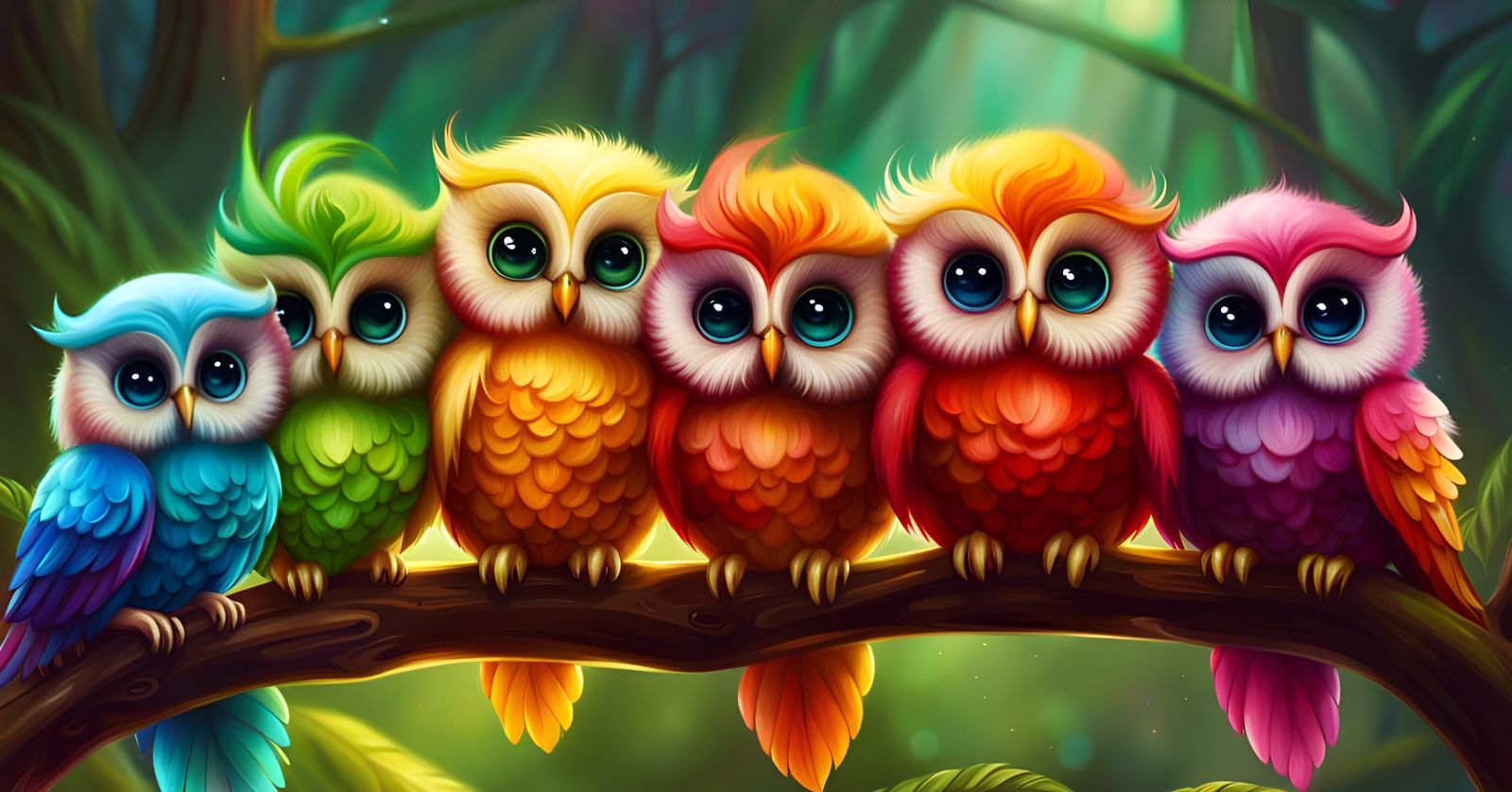 Rainbow Baby Owls in Oil Painting Style