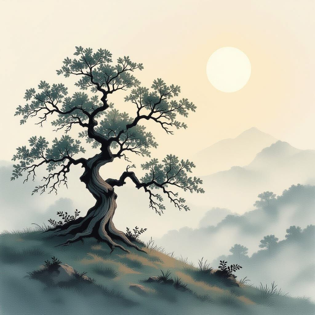 Ancient Oak Tree in Ink Wash Painting