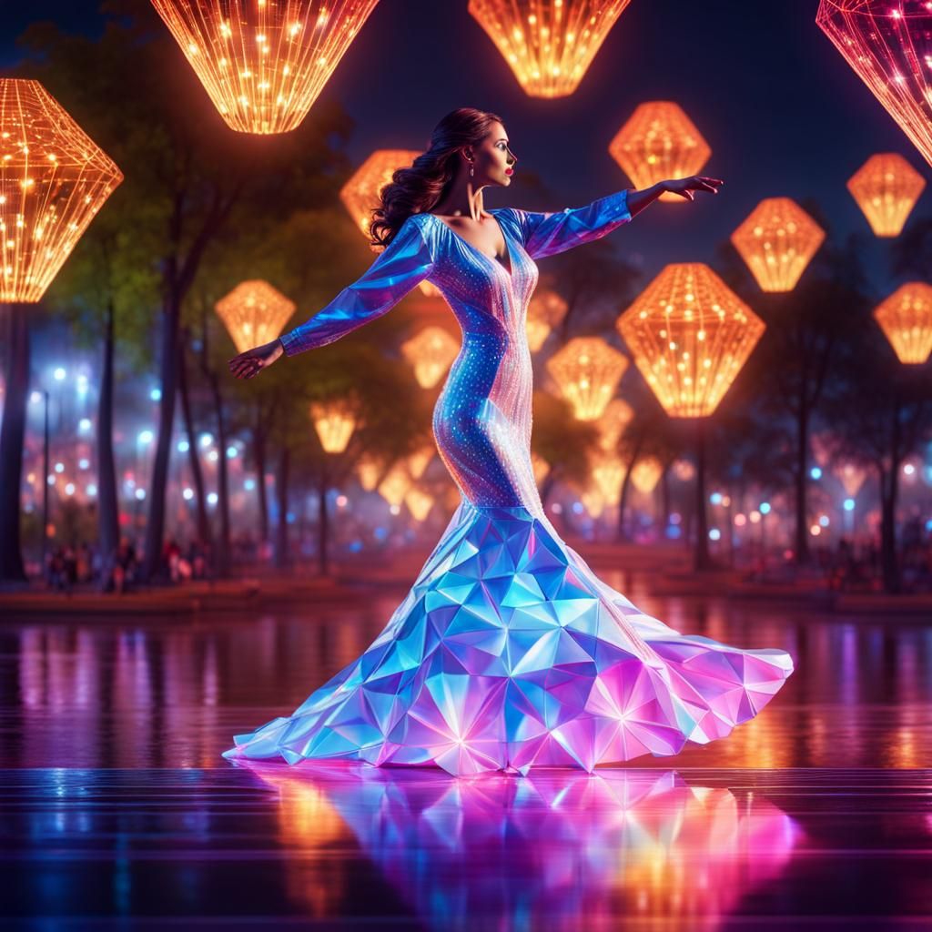 Holographic Low Poly Flamenco Dancer in City Park