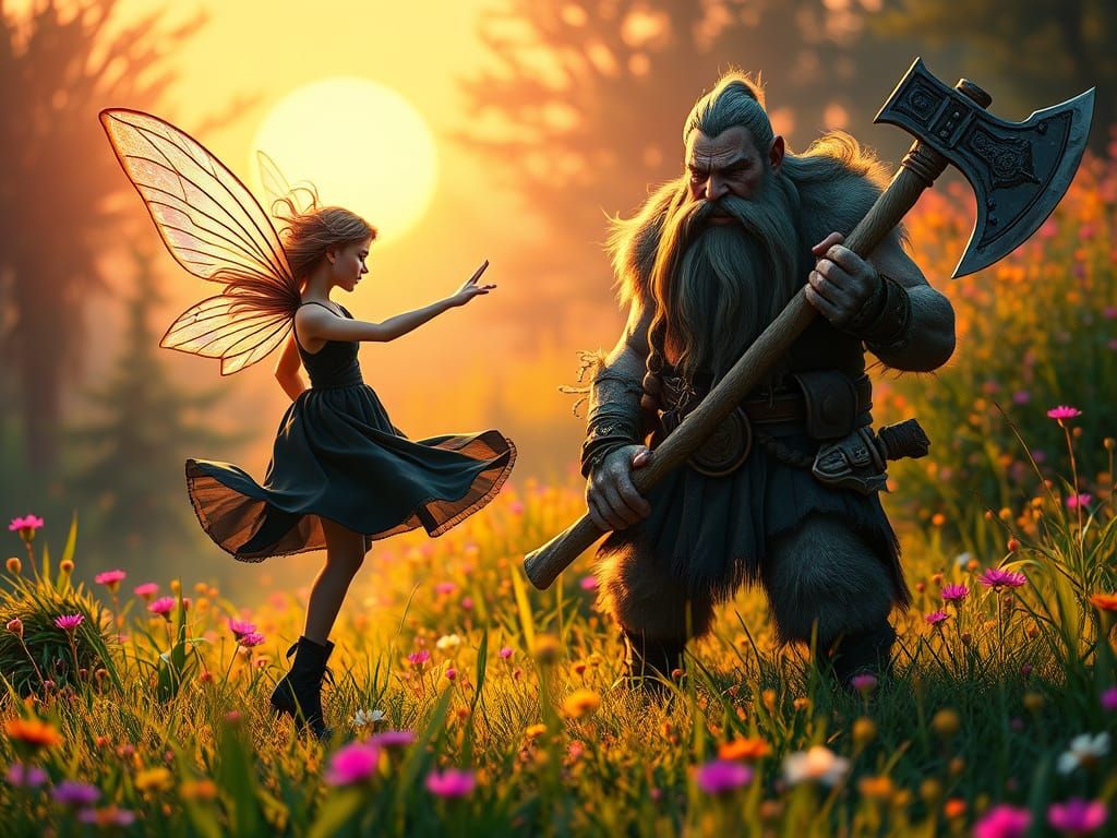Whimsical Dark Fantasy Scene with Delicate Fairy and Dwarf
