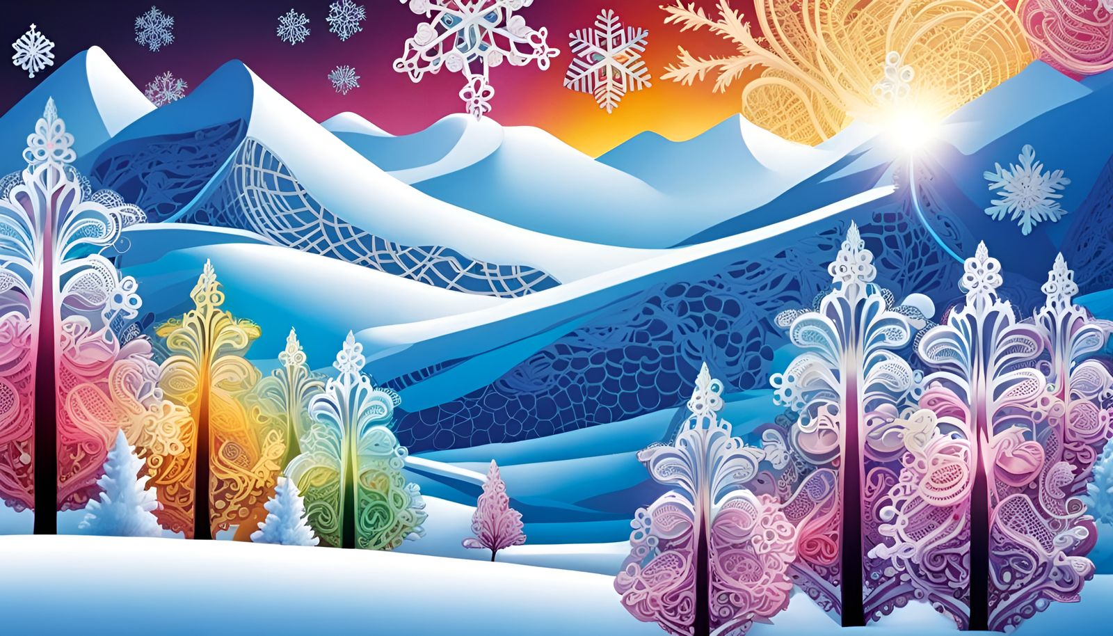 Lace Winter Landscape with Filigree Snowflake Details