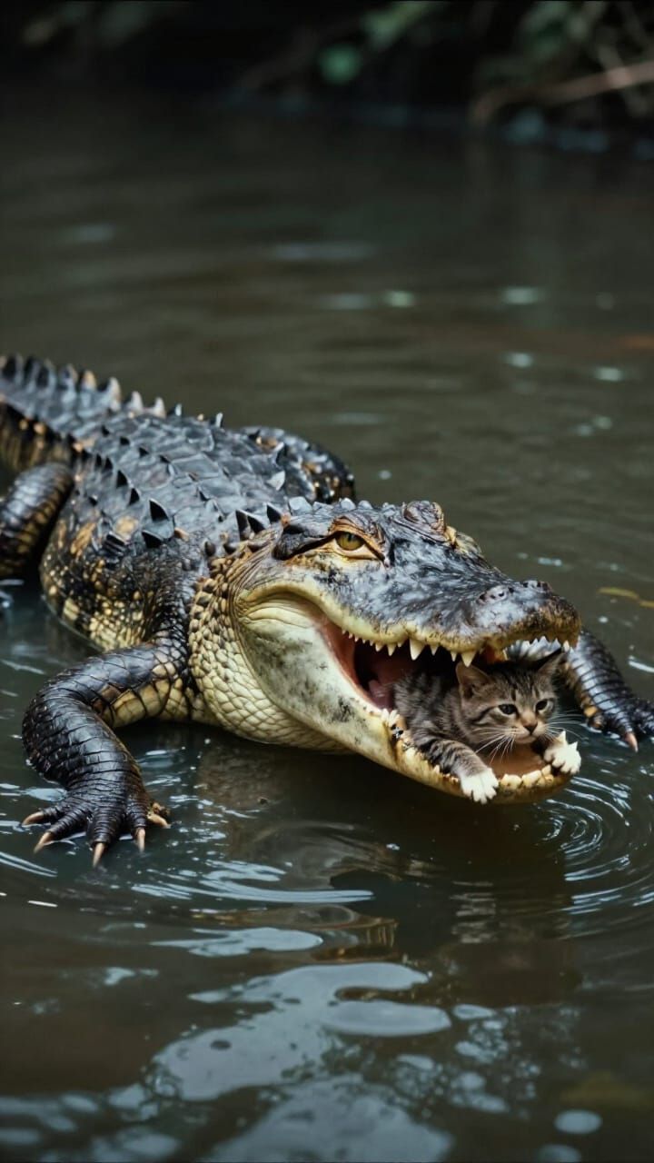 Aggressive Alligator with Kitten in River, Cinematic Ambianc...