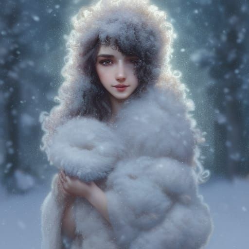 Sheep Girl in Snow, Art Nouveau Style