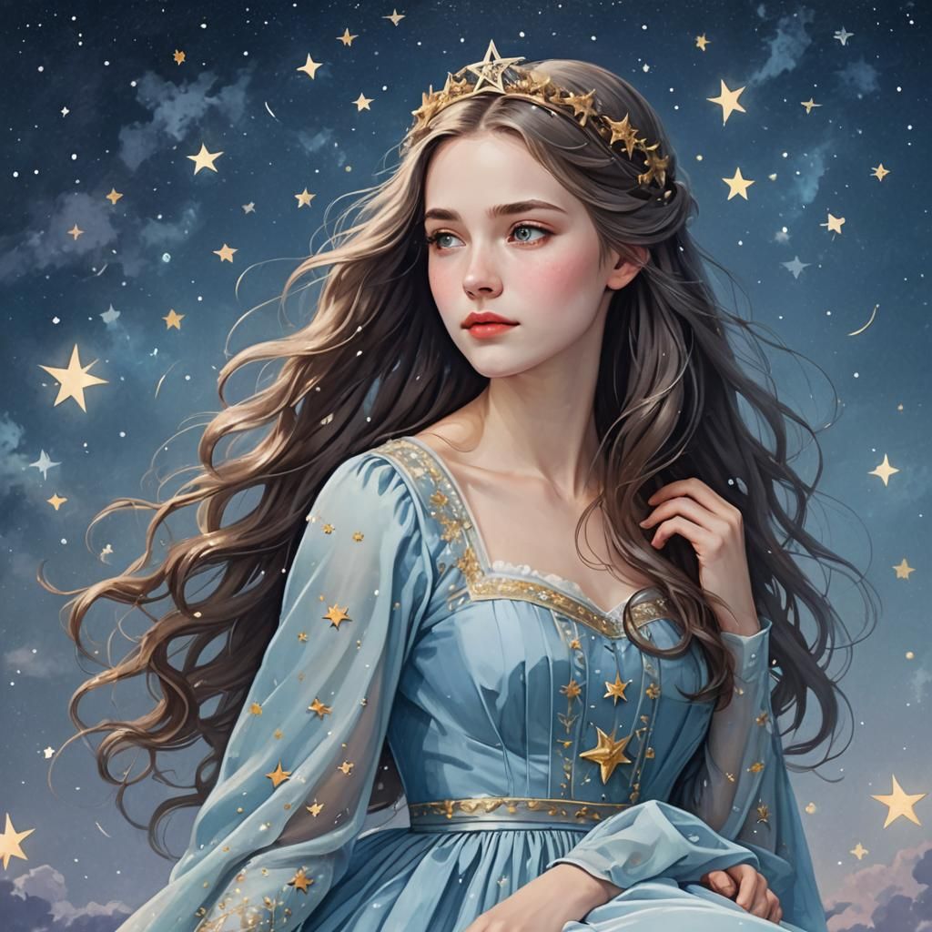 Lovely Queen with Long Hair and Starry Sky