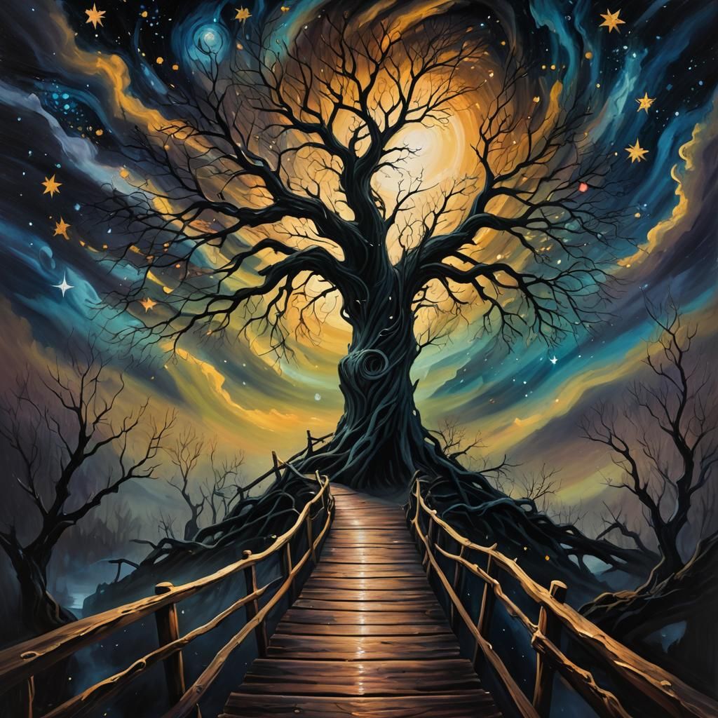 Eerie Forest: Figure on Bridge in Zaffre Hues