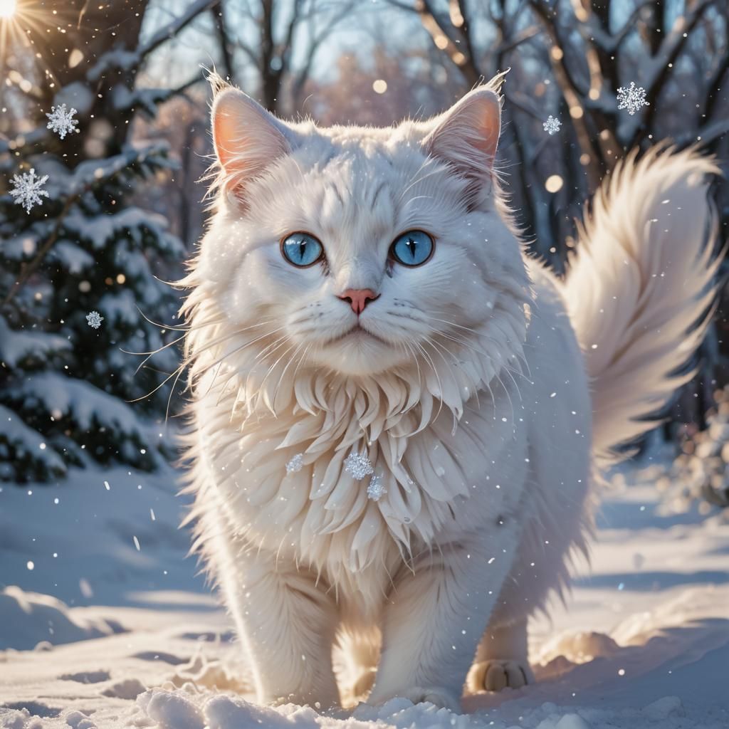 White Cat in Winter Wonderland: Hyperrealistic Splash Art