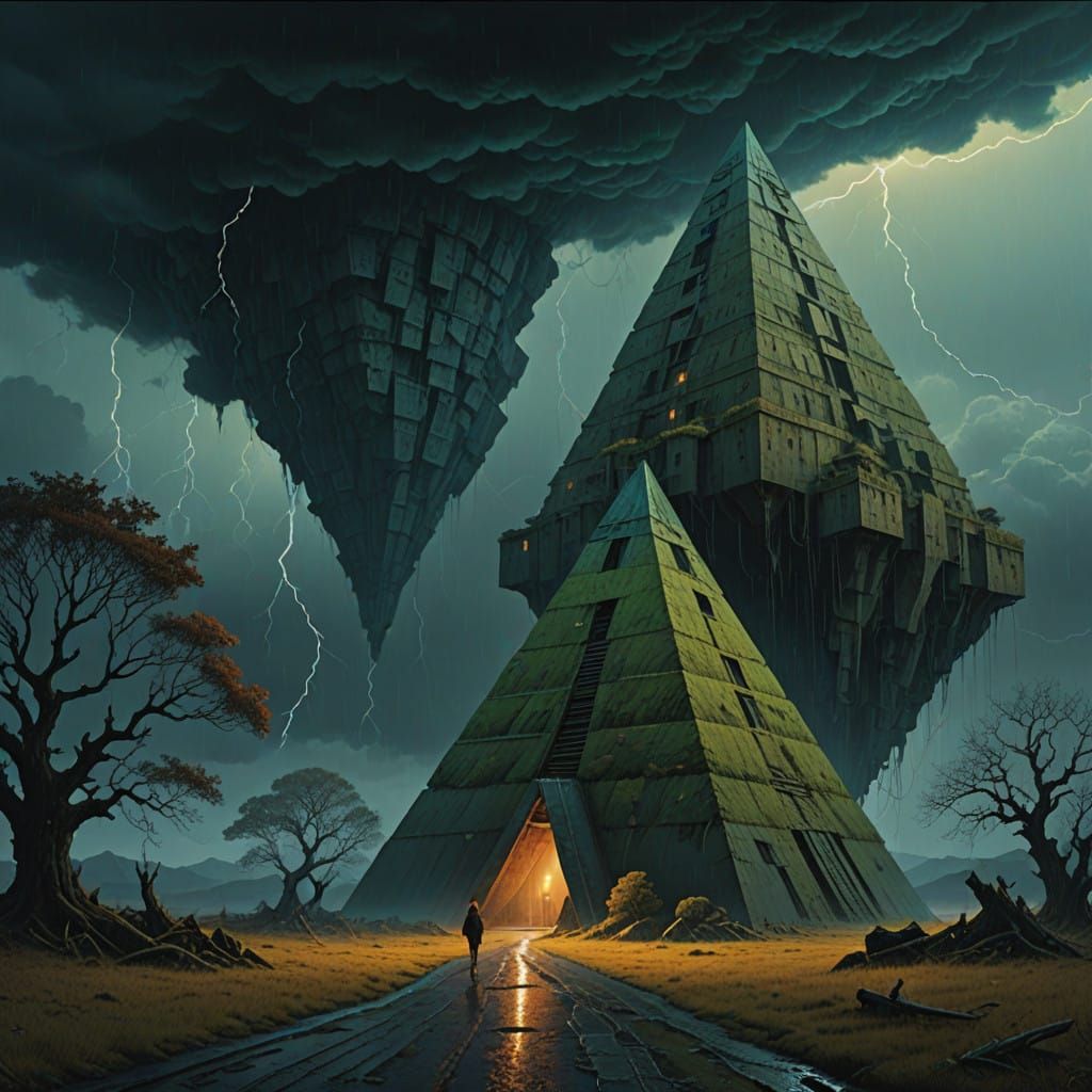 Ethereal Glass Pyramid Amid Turbulent Skies