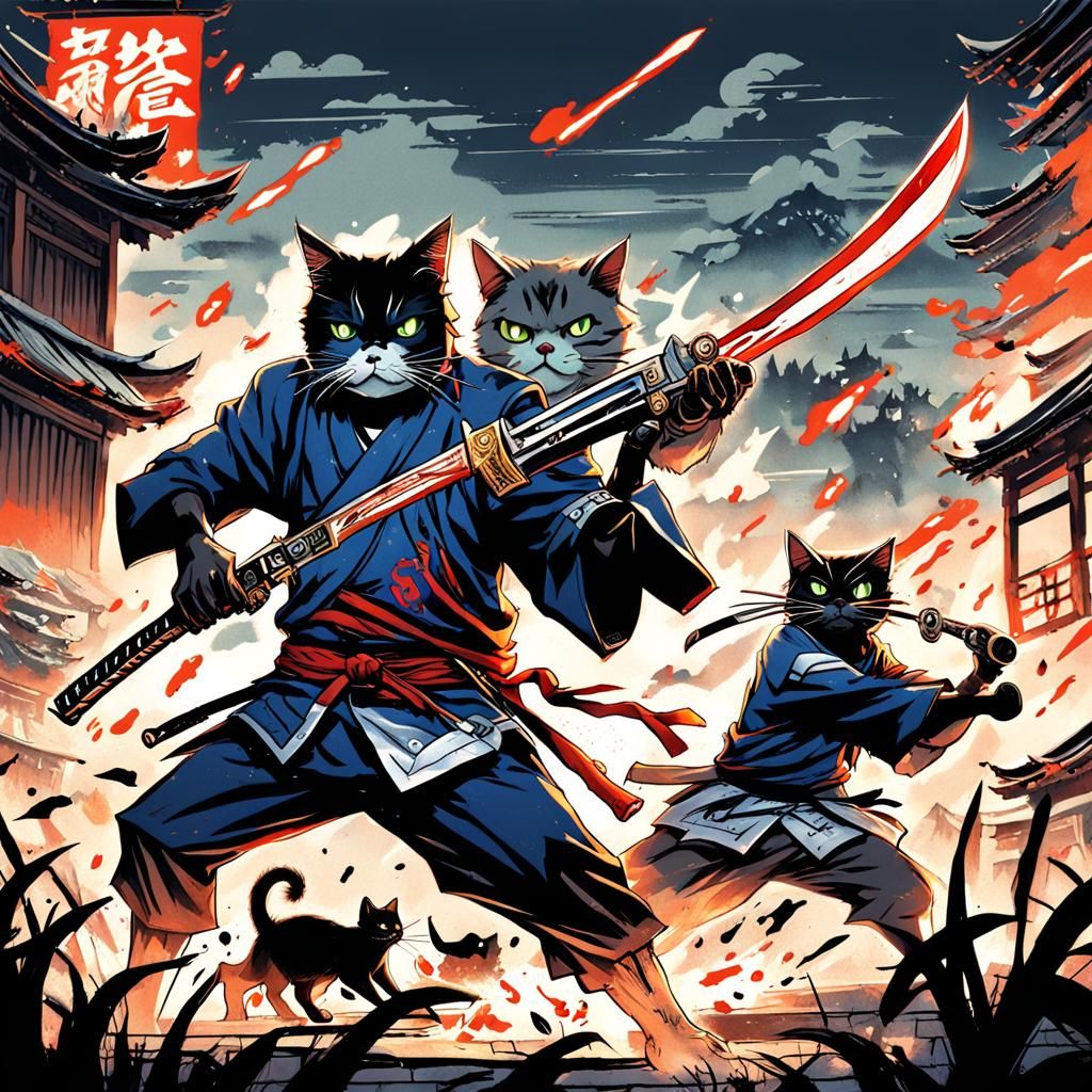 Zombie Samurai vs Ninja Cat Demons in Anime Style