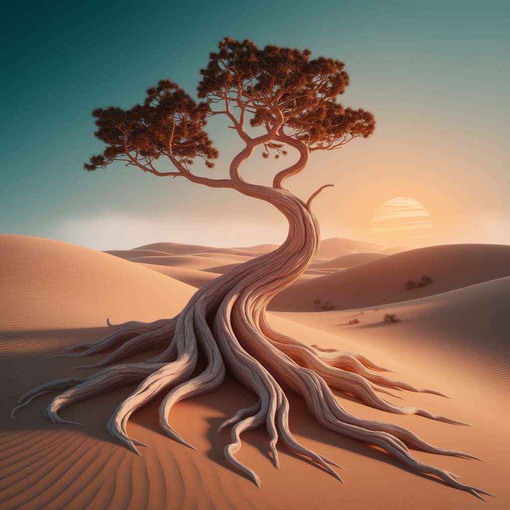 Surreal Distorted Tree at Sunset in Warm Hues