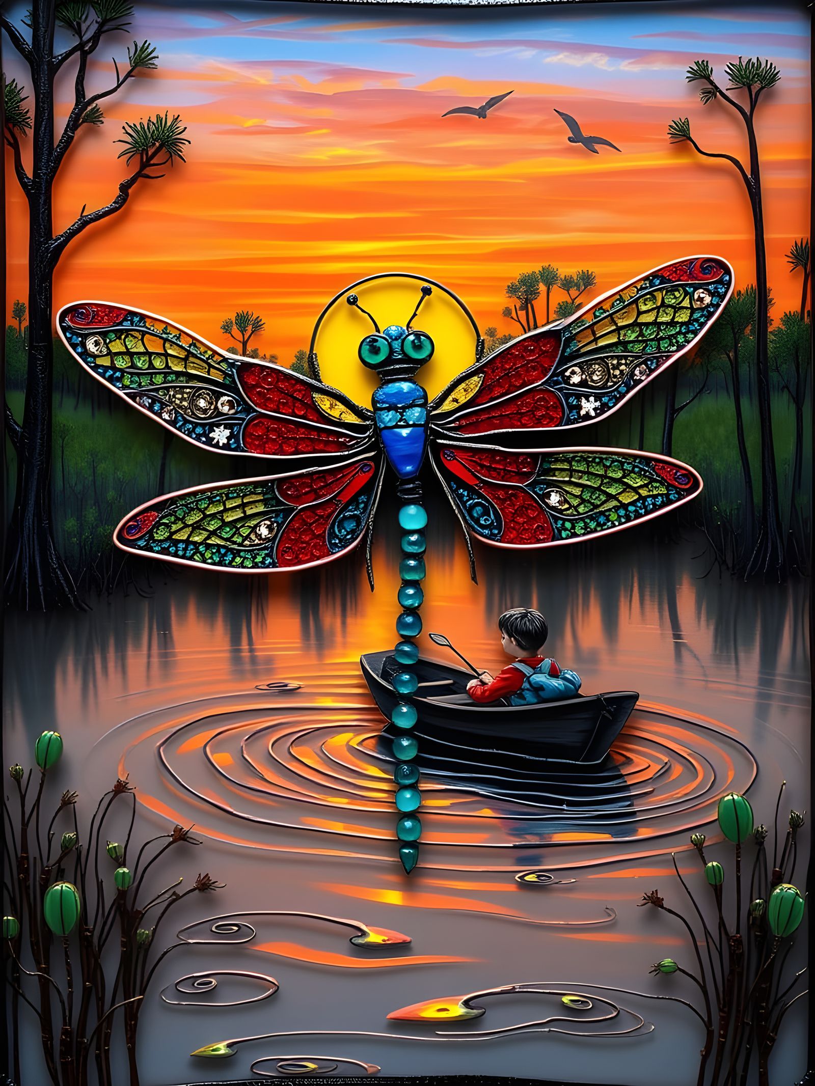 Resin Wire Dragonfly Over Swamp Sunset