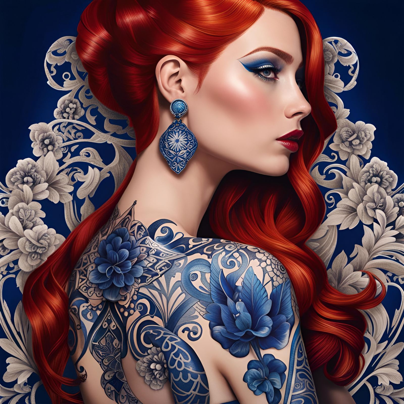 Glamorous Woman with Delft Blue Tattoos