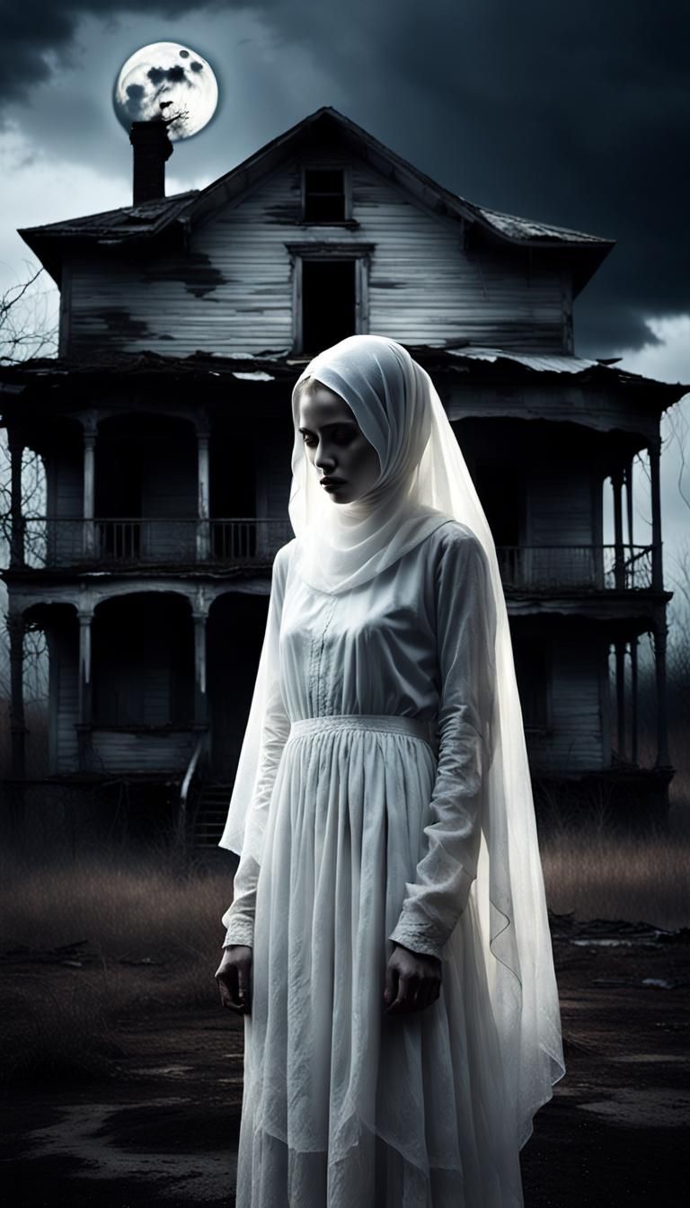 Ghostly Woman Encounters Moonlit Figure in Digital Art