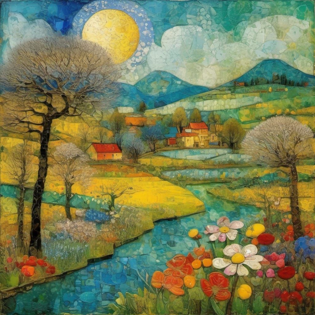 Surreal Spring Landscape in Expressive Encaustic Style