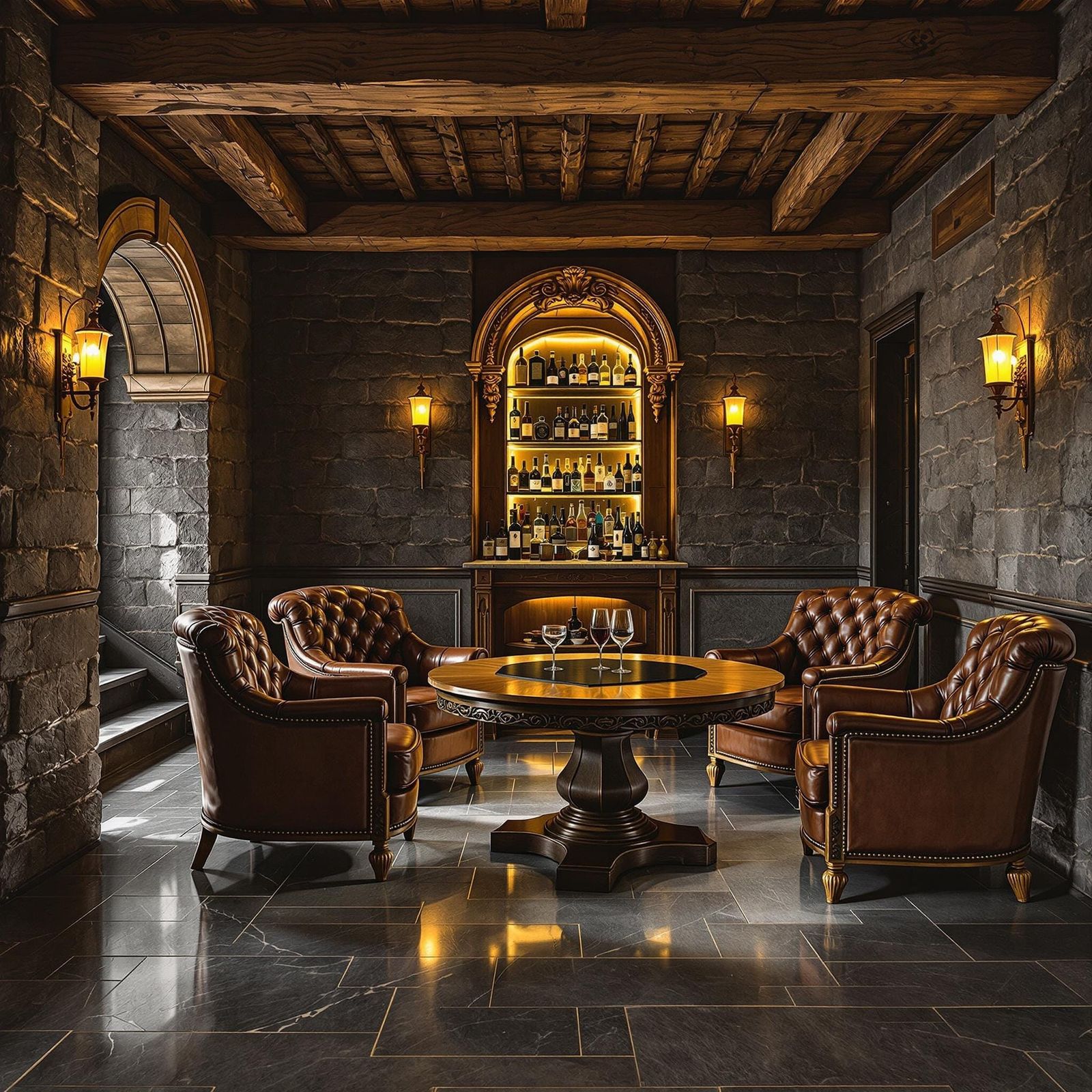 Hidden Liquor Room with Marble Accents in Oil Painting Style