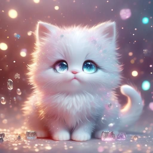 <lora:Dox- glossy-3:1.0> cute white fluffy cat with gray eyes and sparkles pink Backround sparkly,