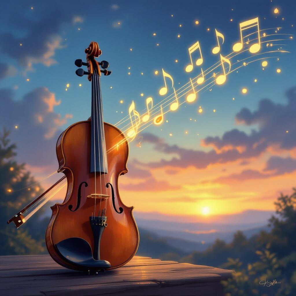 Golden Violin With Floating Notes In Twilight Sky