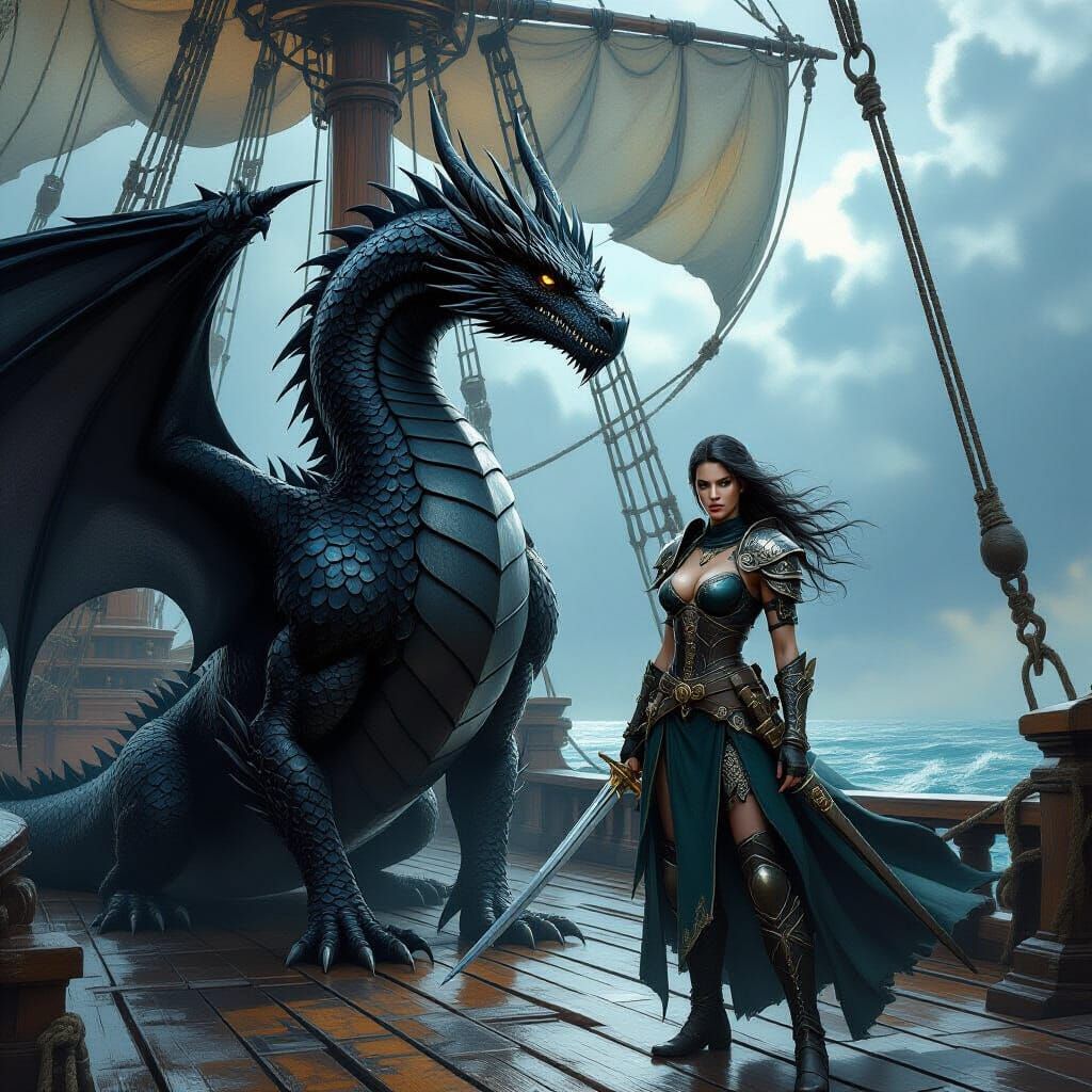 Dragon and Warrior on Ship Deck in Dark Fantasy Style