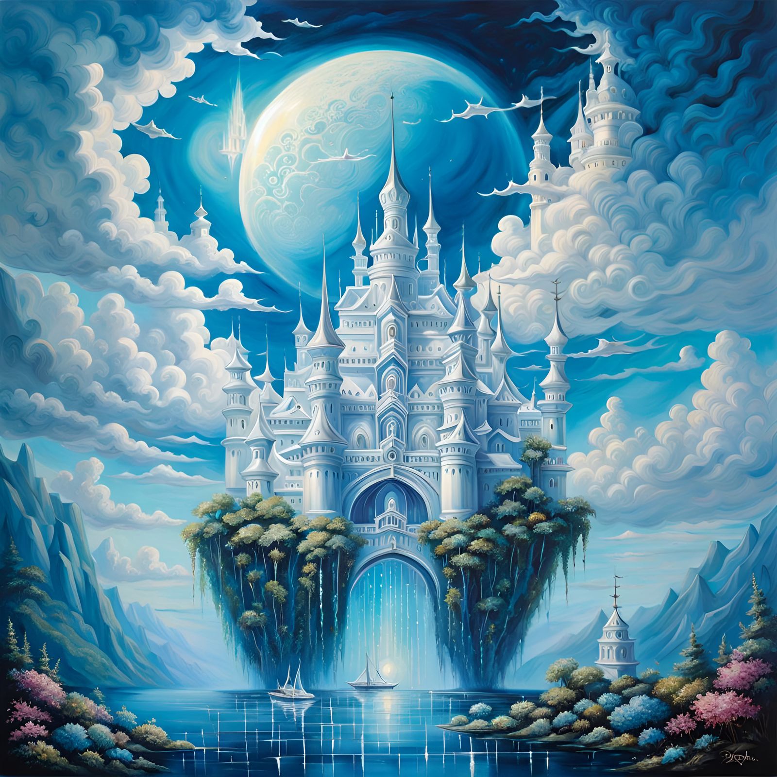 Fairytale Crystal Palace Floating Between Sea and Clouds