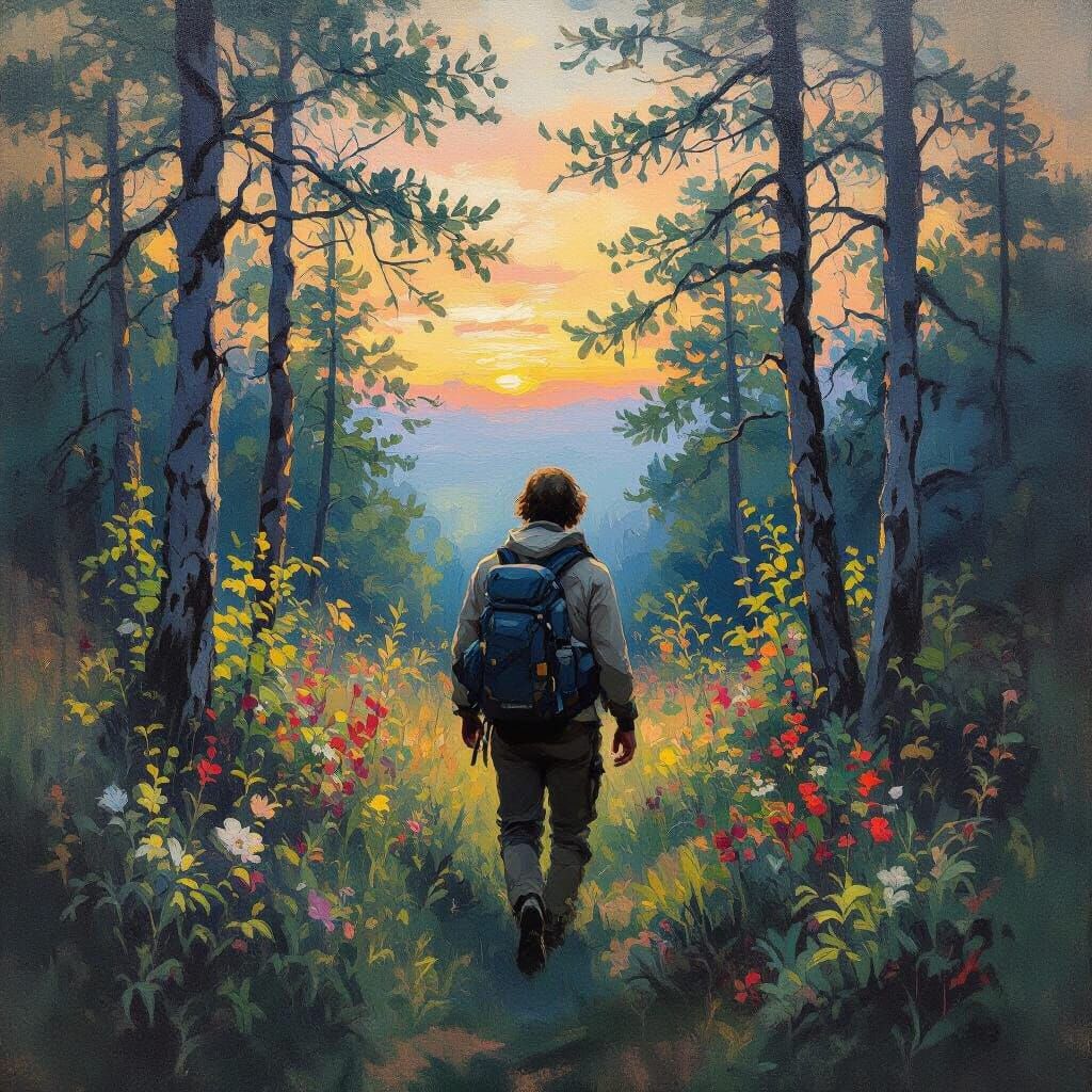 Person Dissolving Into Forest, Impressionist Landscape