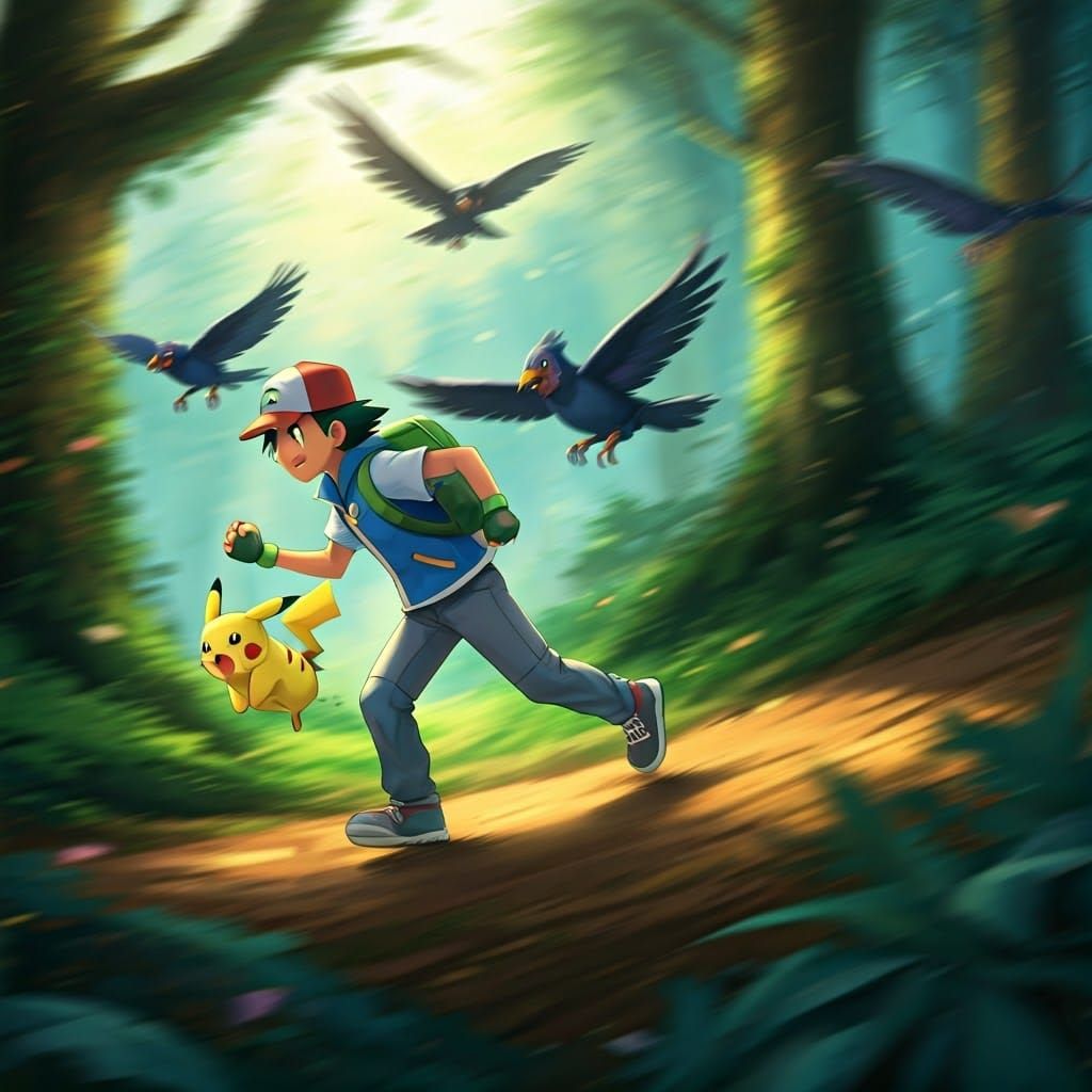 Ash and Pikachu Fleeing Spearow, Syd Mead Style