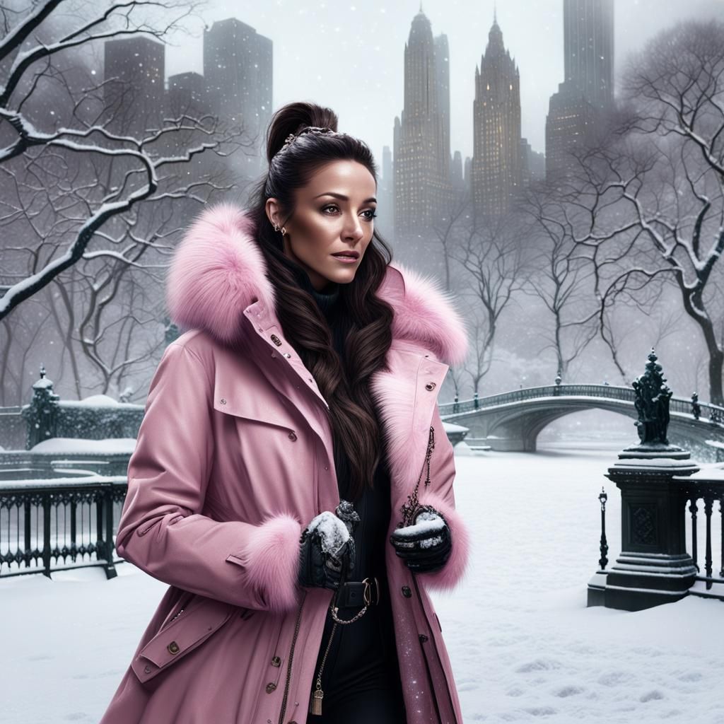 Woman in Pink Parka in Central Park Snowfall