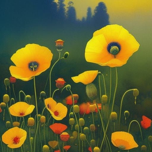 Magical Yellow Poppy Flowers Watercolor Painting
