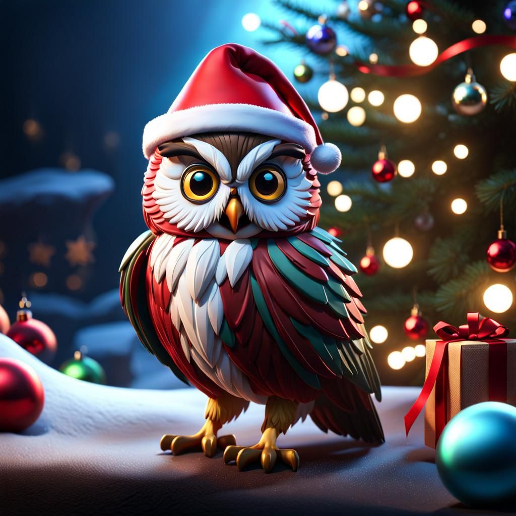 Festive Christmas Owl in Front of Tree