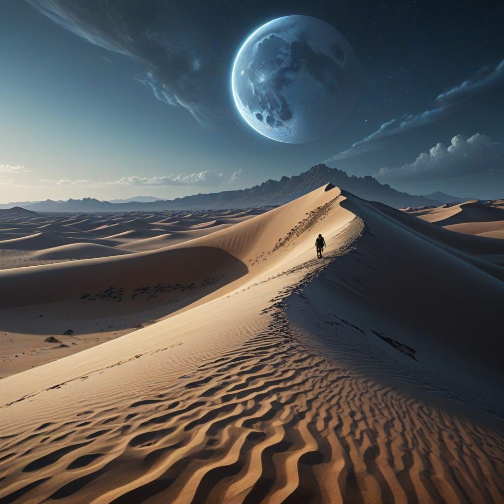 Surreal Desert Landscape with Cosmic Lighting