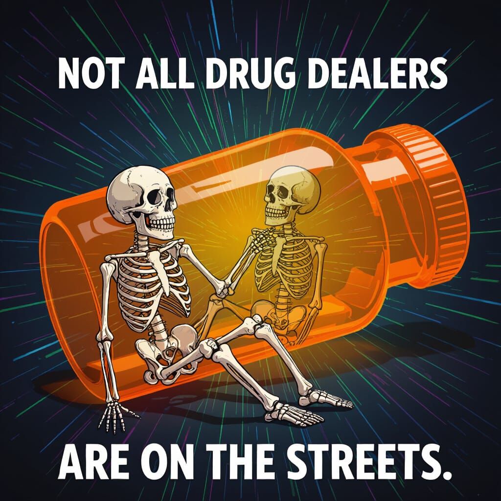 Skeleton Trapped in Prescription Bottle, Colorful Light Rays