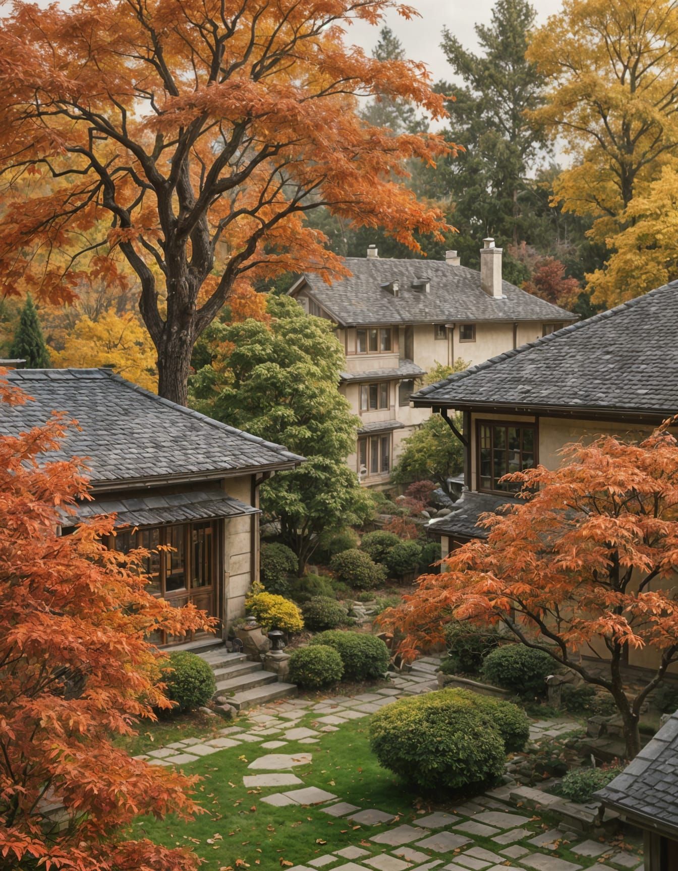 Autumn Leaves Swirl in Suburban Backyard Painting