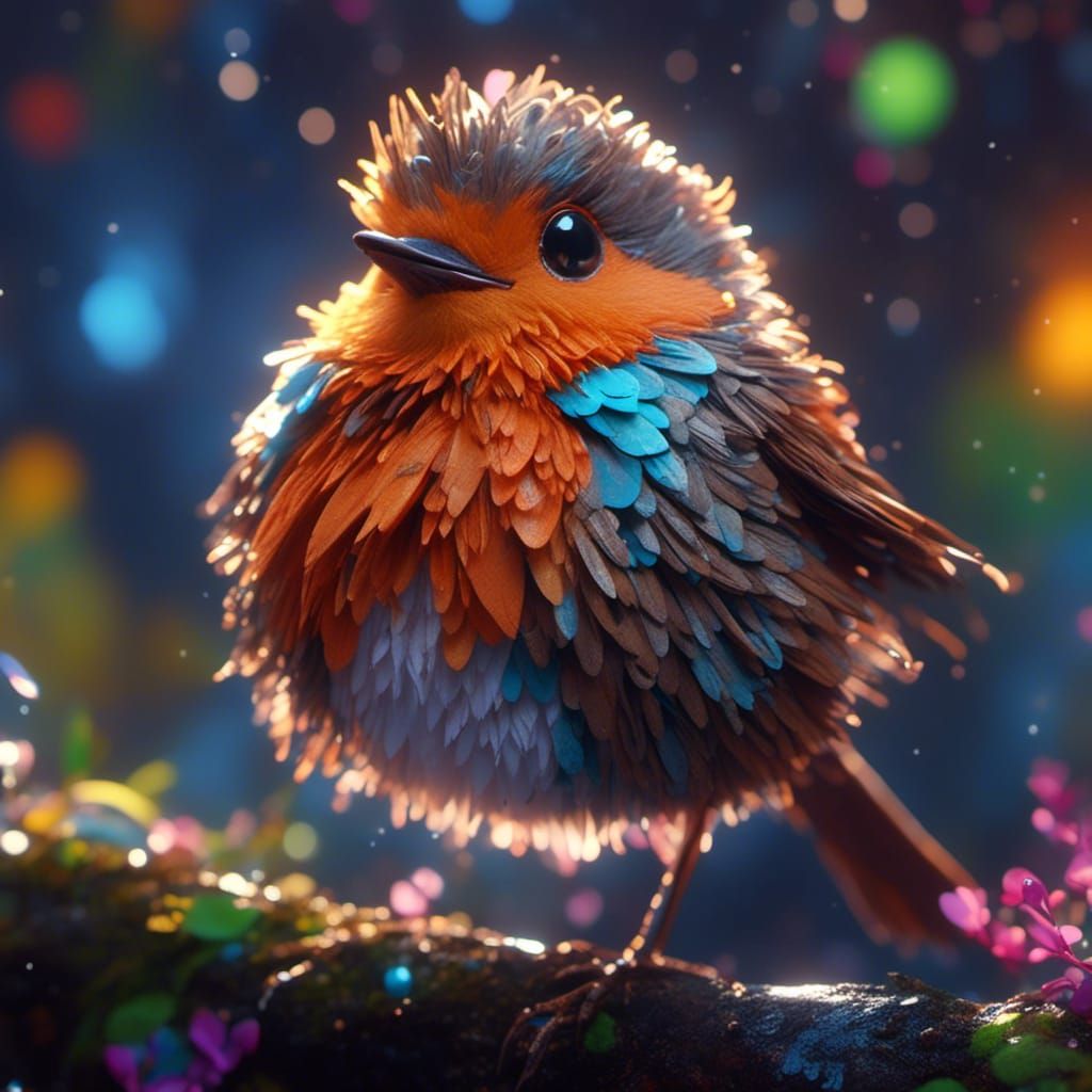 Fluffy Baby Robin in Detailed Impasto Style