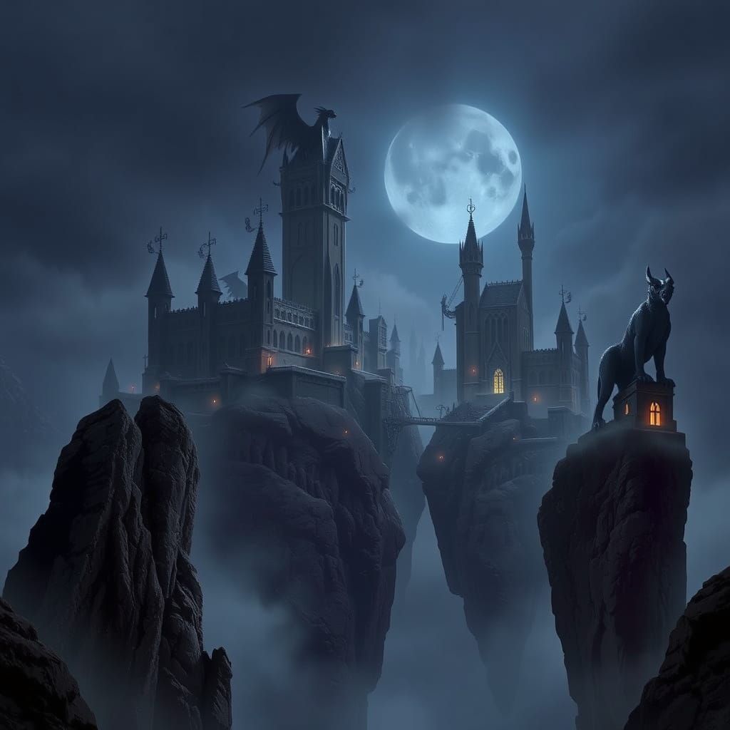Gothic Cityscape on Floating Rocks in Perpetual Twilight